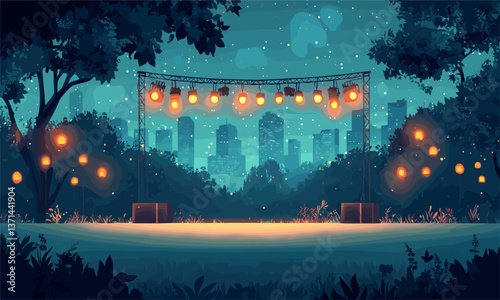 Outdoor concert stage in park with city skyline at night, warm lights, starry sky - vector