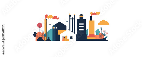 Industrial factory landscape with smokestacks and pollution elements, flat design vector