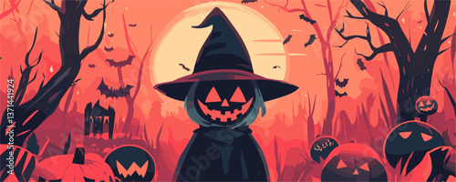 Halloween witch in haunted forest with glowing jack-o'-lanterns at night - vector