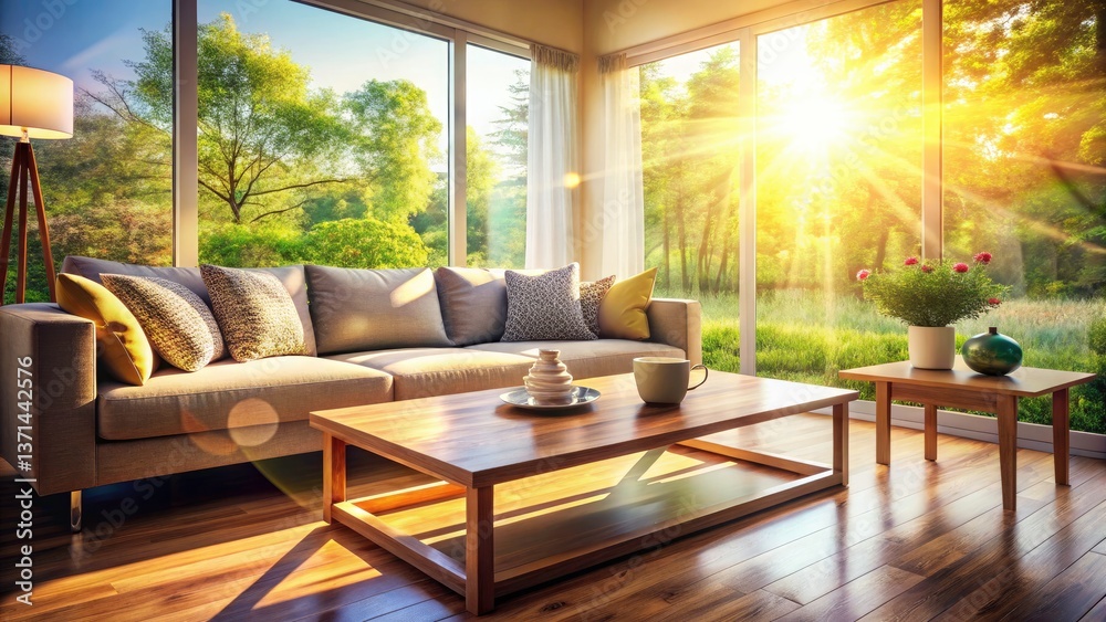 Fototapeta premium Long Exposure Living Room Photography: Cozy Couch, Coffee Table, Window Light