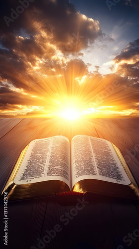 Photo Of Open Bible With Golden Sunlight Above Wooden Table