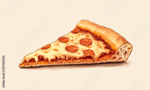 Slice of pepperoni pizza with melting cheese on crusty base - vector