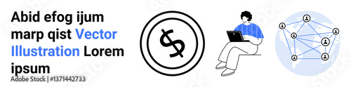 Wallpaper Mural Dollar sign within a circle, person working on laptop, and connected nodes network. Ideal for finance, online platforms, team communication, digital economy, networking, education abstract line flat Torontodigital.ca