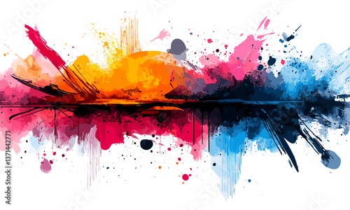 Colorful abstract paint splatter with vibrant gradient sunburst and reflections - vector
