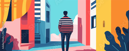 Man in striped shirt exploring colorful urban alley with geometric buildings - vector