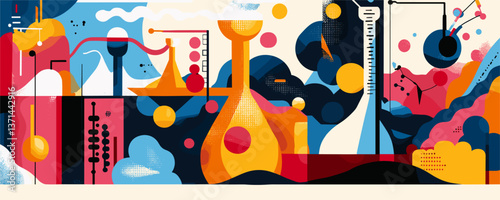 Abstract laboratory science concept with colorful beakers and equipment - vector