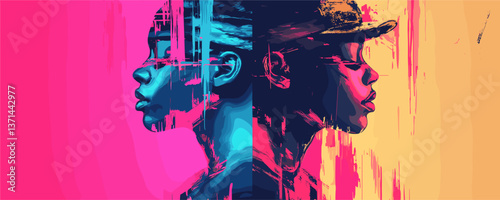 Vibrant double exposure of african faces with abstract paint strokes, neon colors vector