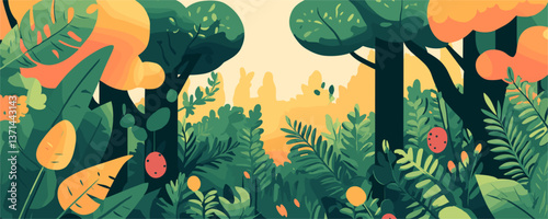 Lush green forest with vibrant foliage and trees in a sunrise setting - vector