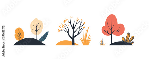 Minimalist autumn trees on hills with leaves and grass – vector art