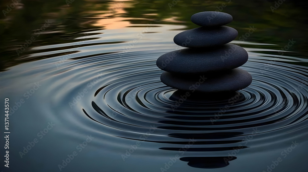 Photo of Stacked Zen Stones Balancing on Calm Water with Ripple Effect Photo of Stacked Zen Stones Balancing on Calm Water with Ripple Effect