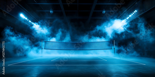 Volleyball Court in the Blue Atmosphere: A dramatic shot of an empty volleyball court bathed in blue light and atmospheric fog, spotlighting the net and court markings.
