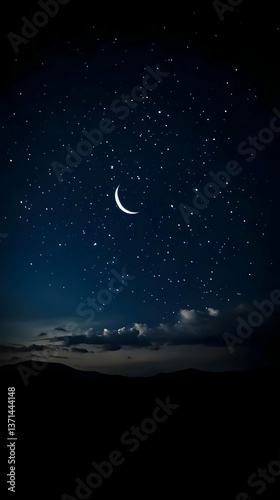 Photo of the Night Sky Featuring Stars and Crescent Moon Above Mountain Silhouette