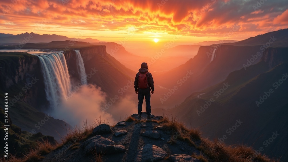 Person with a backpack looks out over a landscape of mountains, Person with a backpack looks out over a landscape of mountains,