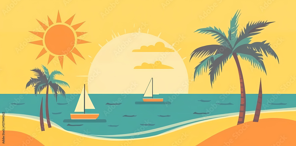 Obraz premium Tropical Paradise: An illustration of a serene tropical scene, featuring a sun setting over the sea, framed by palm trees and sailboats, conveying a sense of calm and relaxation.