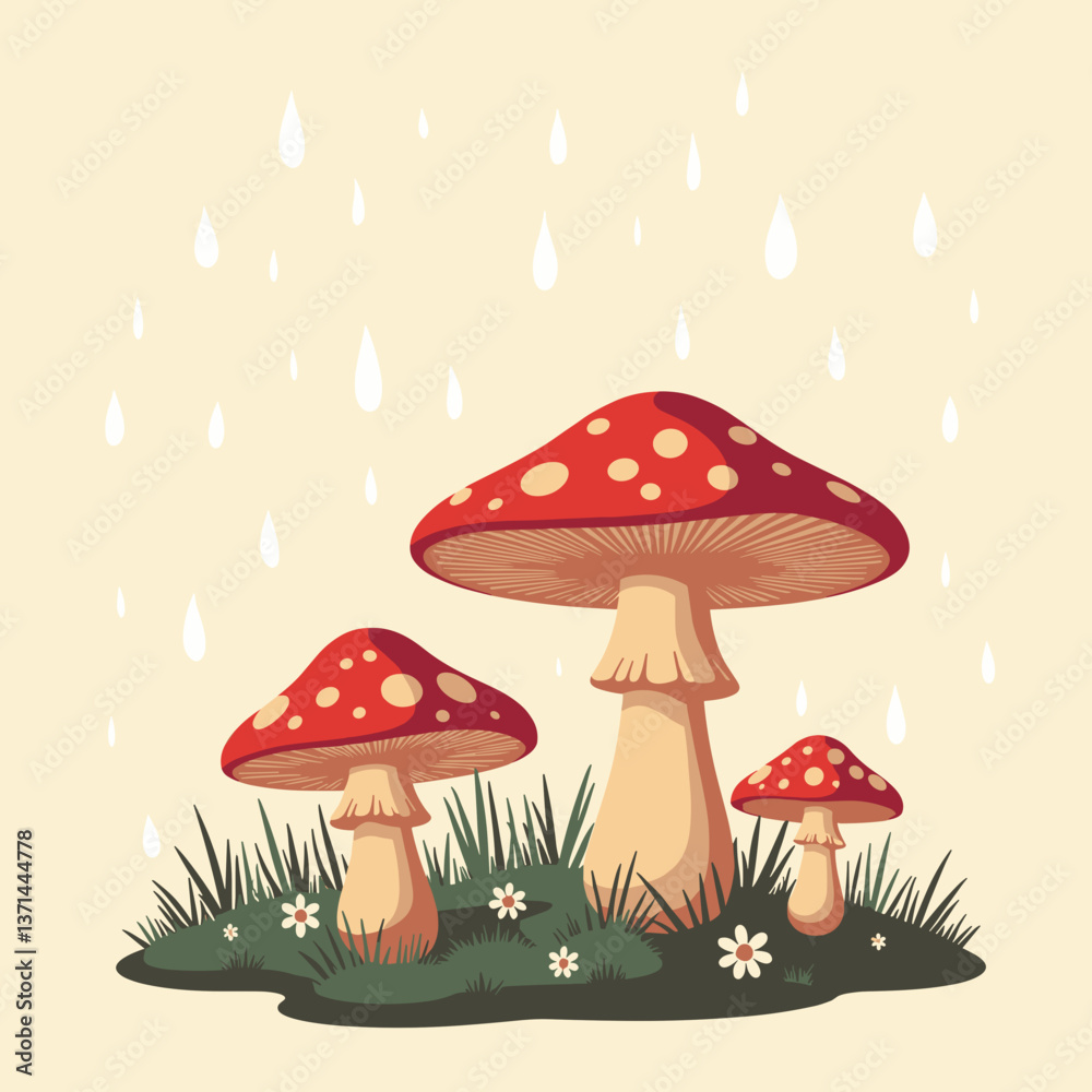 Red mushrooms growing in grass with rain droplets Red mushrooms growing in grass with rain droplets