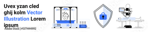 3D printer creating a heart model, shield representing cybersecurity, and lab microscope setup. Ideal for healthcare, innovation, tech, research, security, digital transformation flat landing page