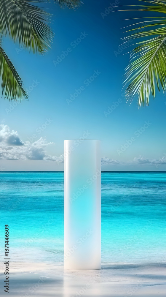 Photo Tropical Beach Scene with Blue Ocean Sky and Palm Leaves Backdrop Photo Tropical Beach Scene with Blue Ocean Sky and Palm Leaves Backdrop