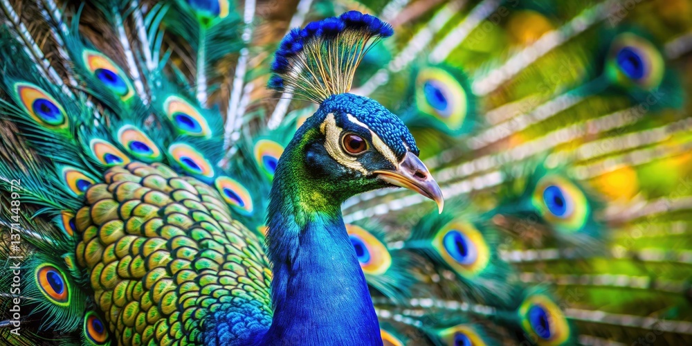 Obraz premium Majestic Peacock, Vibrant Feathers, Wildlife Photography, Bird, Nature, Daylight, Indian Peacock, Animal, Feather, Plume, Garden, Jungle, Forest, Wild