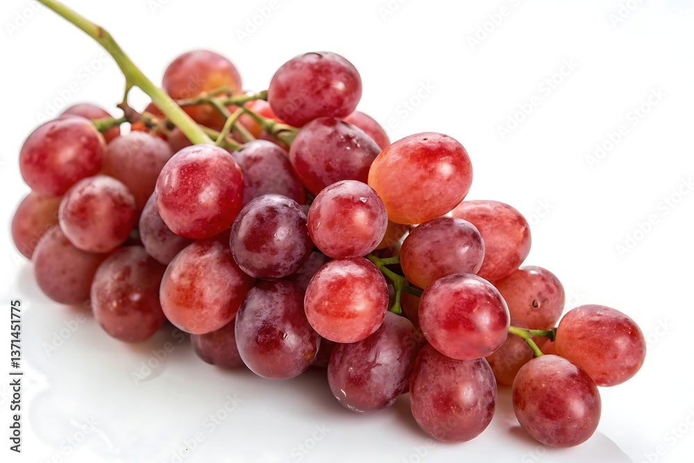 A bunch of red grapes with green stem isolated on a white background close up A bunch of red grapes with green stem isolated on a white background close up