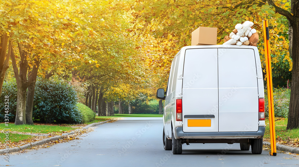 Obraz premium White Delivery Van Driving On A Road Through Fall Foliage Scene