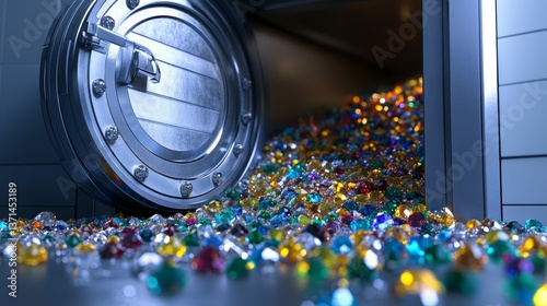 Vault door open revealing vibrant gemstones and loose diamonds scattered on the floor representing wealth and luxury against a background 