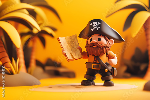 Wallpaper Mural A Pirate's Treasure: An illustrated pirate figure, maps clutched in his hands, navigates a tropical island setting with palm trees and sandy shores. Torontodigital.ca