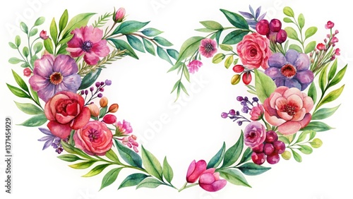 Wallpaper Mural Heart-Shaped Floral Wreath in Watercolor - Pink, Red, Purple Flowers with Green Leaves for Elegant Decor Torontodigital.ca