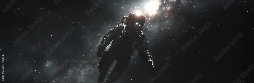 Fototapeta premium Cosmic Explorer: An astronaut embarks on a solitary voyage through the endless expanse of the cosmos, the vast and awe-inspiring space illuminated by distant galaxies and celestial bodies.
