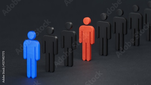 Concept leader of the business team indicates the direction of the movement towards the goal. Crowd of white men goes for the leader of the blue color and bad conflicting employee of red color.