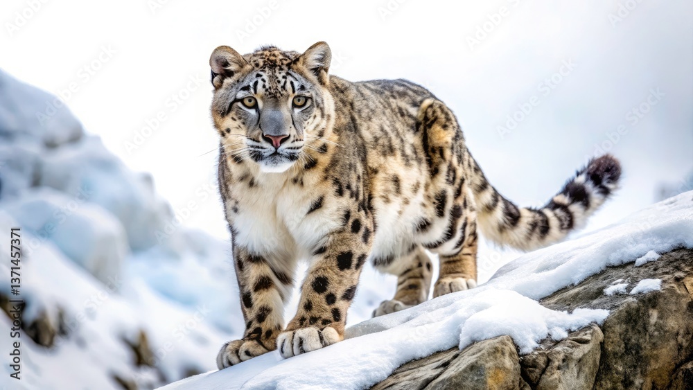 Fototapeta premium Majestic Snow Leopard Silhouette: Wild Mountain Cat, Elegant Predator, Winter Wilderness