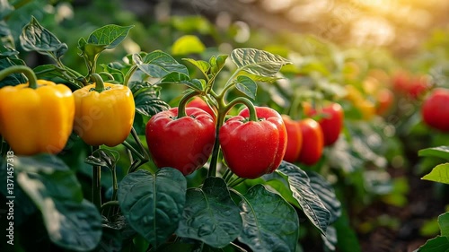 Colorful bell peppers growing in a vibrant garden during golden hour in summer
