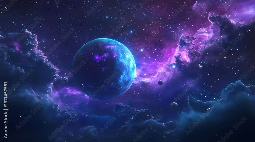 Obraz premium Celestial Symphony: An artistic portrayal of the cosmos, featuring a vibrant nebula, planets, stars, and ethereal clouds, illustrating the vastness and beauty of space