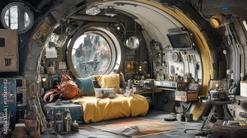 Fototapeta premium Futuristic bedroom, spaceship, mountain view, artwork