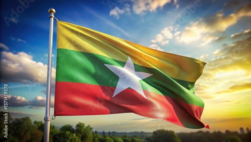 Myanmar Flag Background, Realistic Photo, Candid Photography, Burmese Flag Image, National Flag, Myanmar Photography