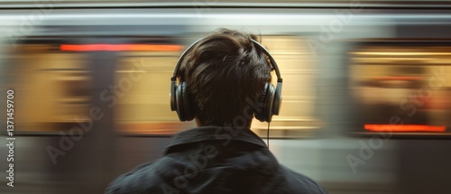 Headphones on Commuter with Blurred Subway Train 
