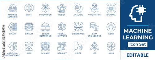 Machine learning line icon set featuring AI, neural networks, deep learning, data analytics, pattern recognition, predictive modeling, automation, and smart algorithms.