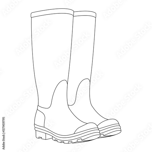 Rubber boots. Vector illustration isolated on white. Black line. Coloring page.