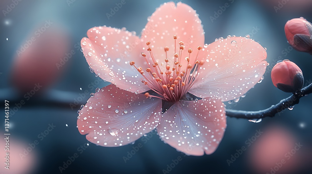 Delicate Peach Blossom Flower with Dewdrops, Close-Up Floral Nature Beauty, Soft Petals and Elegant Detail on Blue Background. Delicate Peach Blossom Flower with Dewdrops, Close-Up Floral Nature Beauty, Soft Petals and Elegant Detail on Blue Background.
