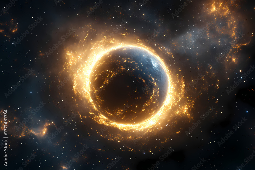 Naklejka premium Celestial Inferno: A mesmerizing view of a celestial body engulfed in flames. This cosmic event against the backdrop of stars. Witness the fiery beauty of the universe.