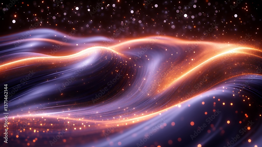 Fototapeta premium Glowing abstract wavy forms with shimmering particles floating around