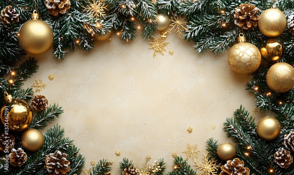 Christmas border with fir branches, gold ornaments, and snowflakes on a beige background design banner with a copy space area,
Christmas border with fir branches, gold ornaments, and snowflakes on a beige background design banner with a copy space area,