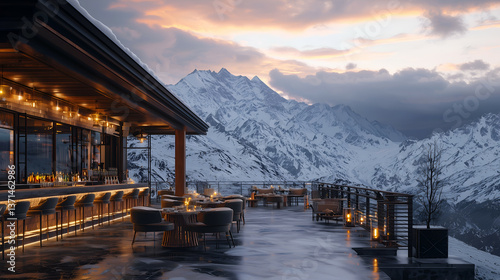 Luxury Mountain Lodge Dining Experience: Scenic Sunset Views in Elegant Alpine Architecture