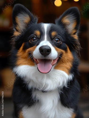 Happy dog portrait, cafe setting
