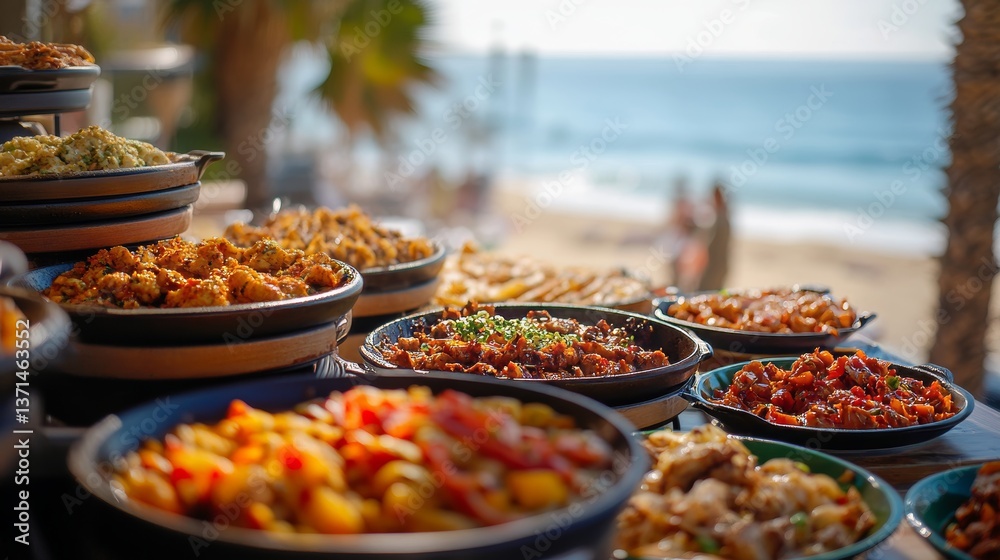 Fototapeta premium Delicious Cuisine Buffet at Beach: Selective Focus Dishes 