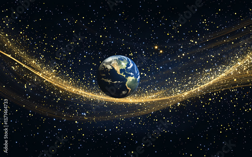 Cosmic Embrace: The Earth, a vibrant sphere of life, gently cradled by golden, ethereal streams against a backdrop of a starry night. Experience the magnificence of the universe