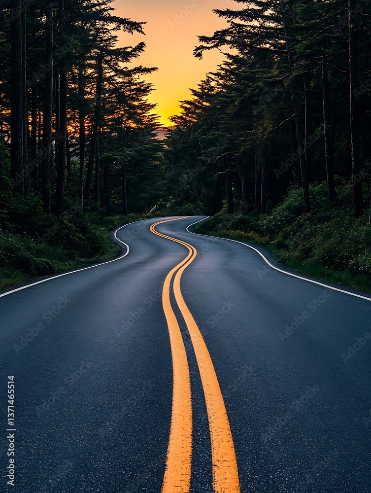 Naklejka premium Winding Road Sunset Forest Path