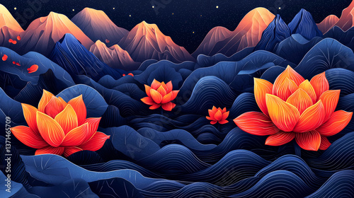 Serene Night Lotus and Mountains: An Artistic Landscape
