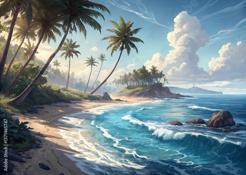 A tranquil paradise beach scene showcasing lush palm trees gently swaying under a vibrant, sunny sky, with turquoise waves lapping a pristine shore. photo