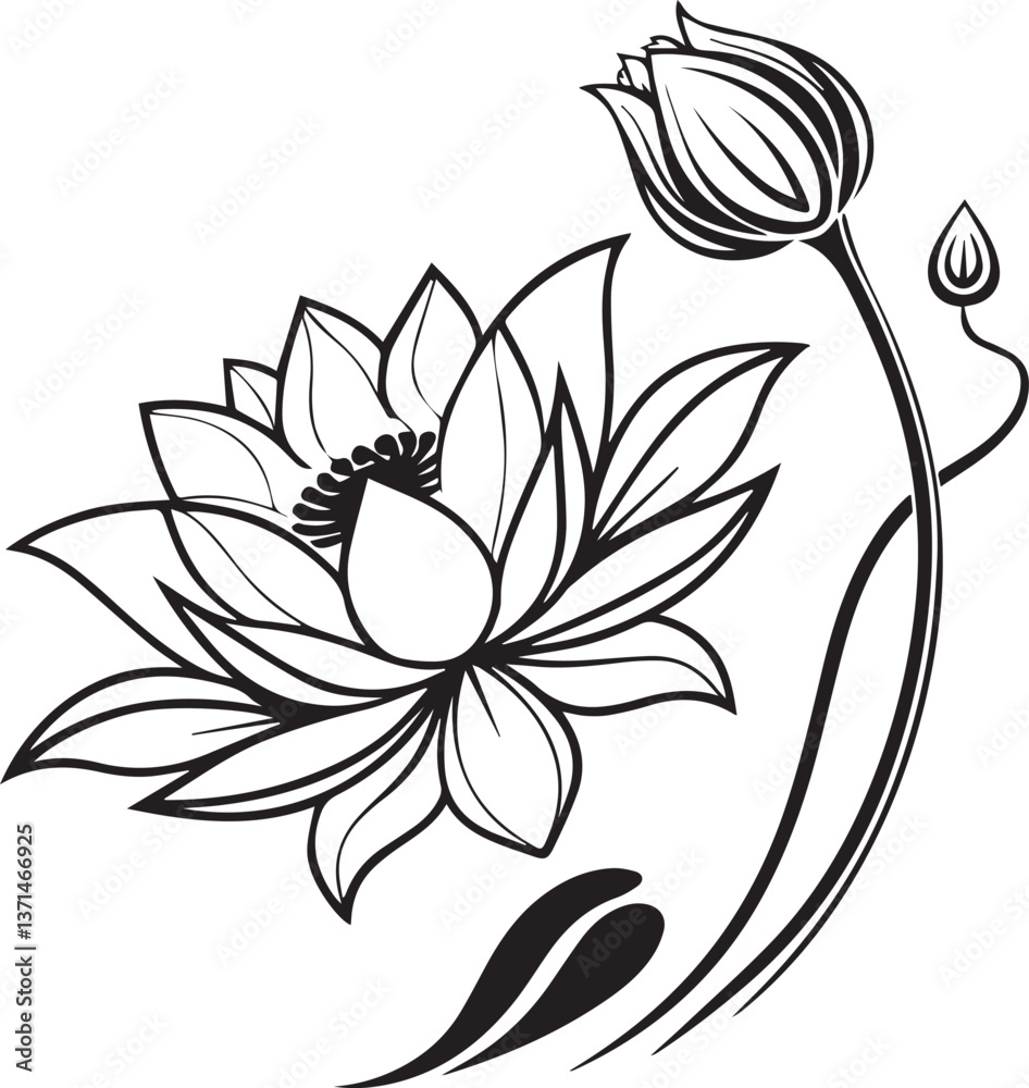Fototapeta premium lotus flower, simple flower icon, lotus flower silhouette vector black and white