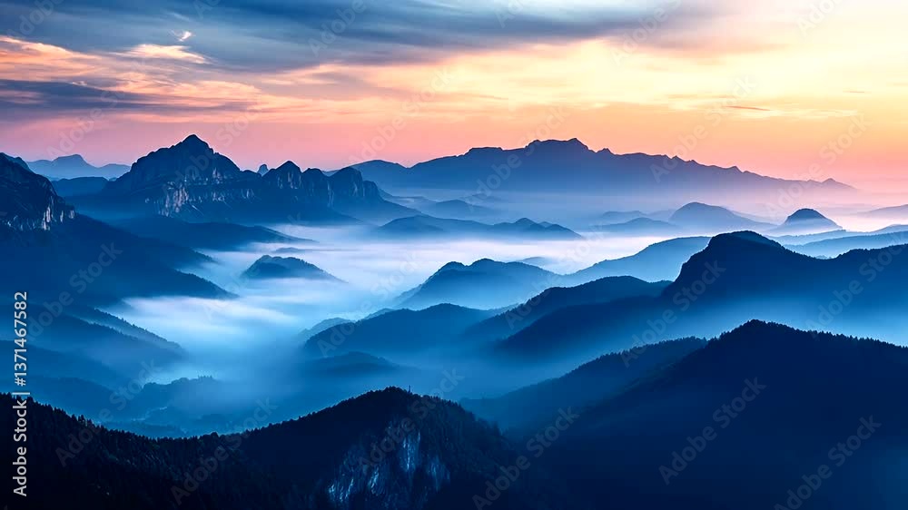 A serene mountain view at dawn, with mist rolling over the valley and a colorful sky, ideal for a nature-themed project.